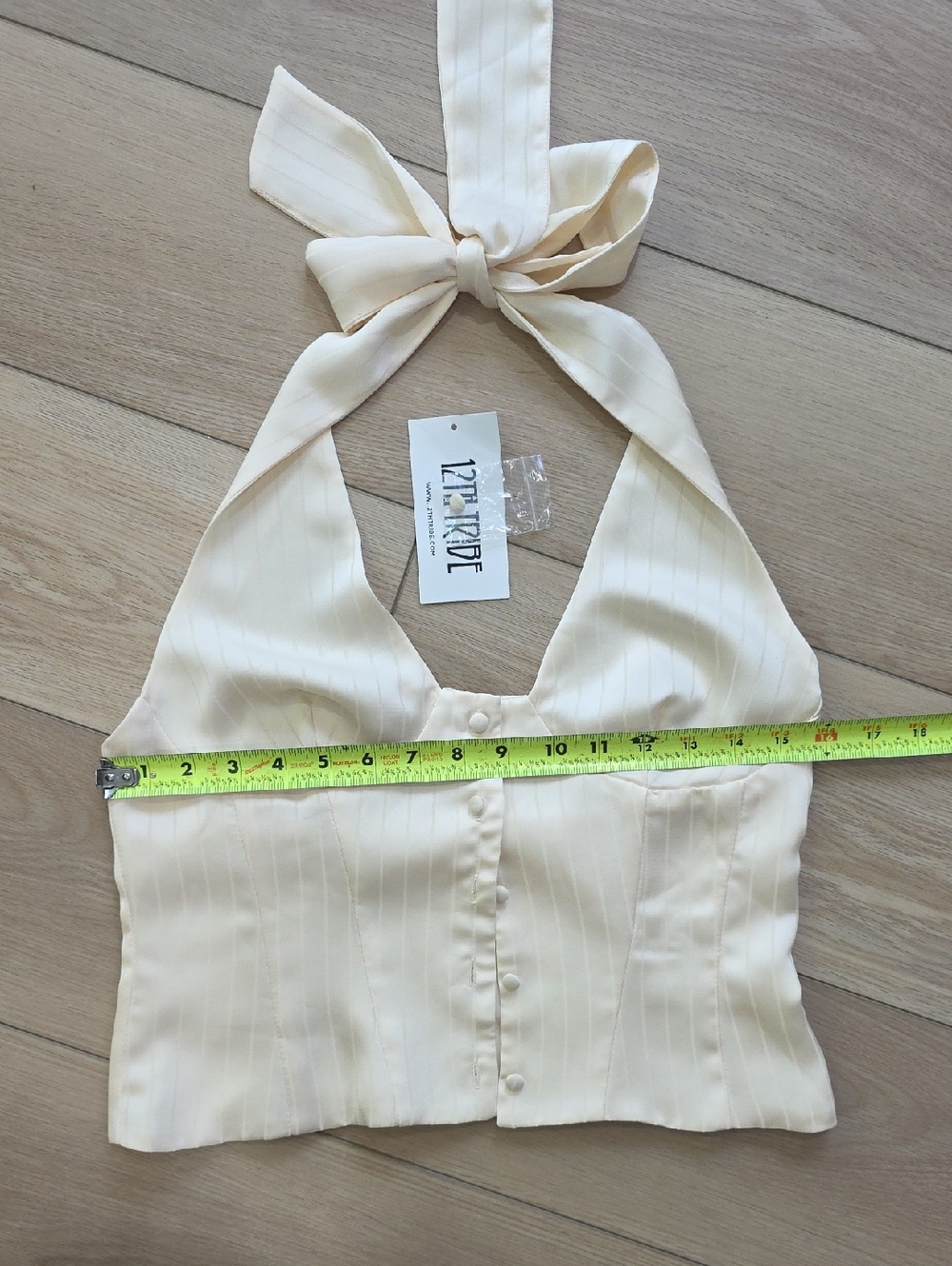 12th Tribe Dorothy Cream Pinstripe Satin Halter Button-Front Top - Picture 7 of 12
